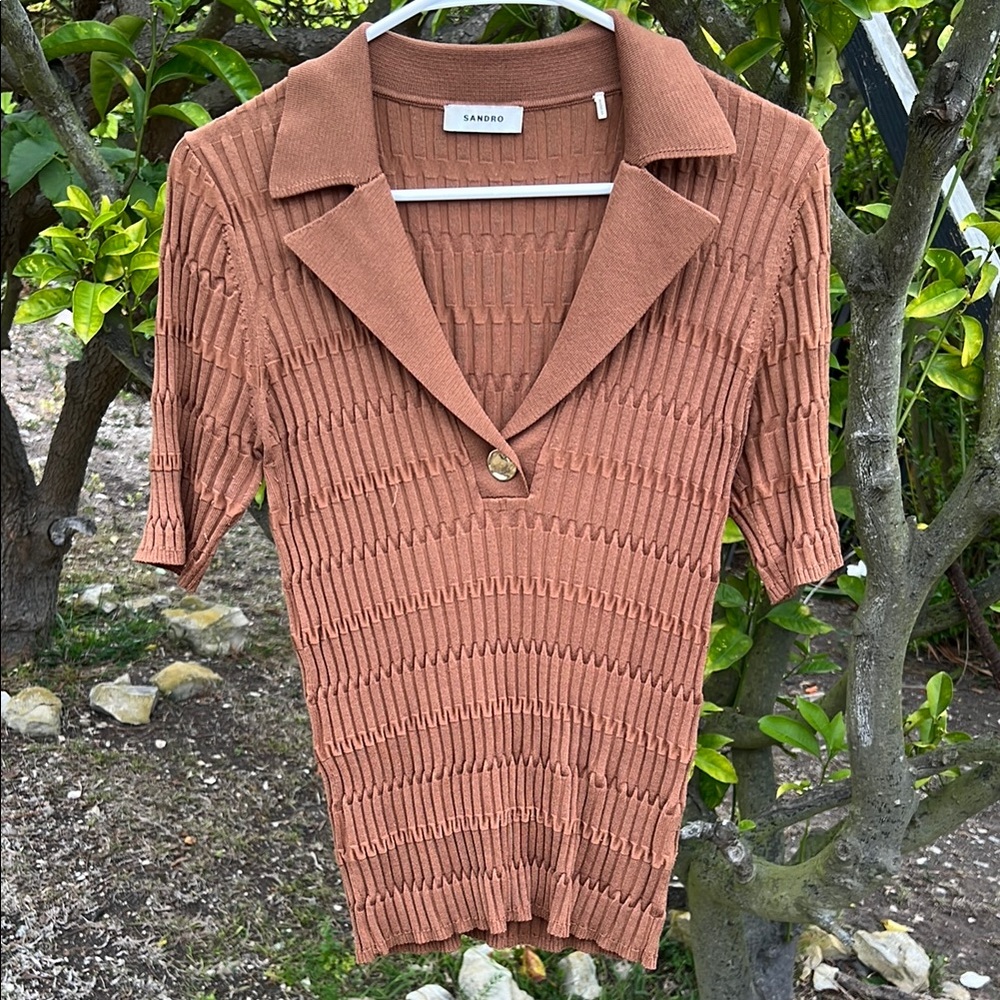 Sandro Women's Ribbed V-Neck Sweater in Brown